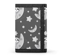 Lazy Sloth on Yellow Crescent Moon Stars Seamless Black White Style Trifold Wallet, Stylish Purse With Keychain, Credit Pass Case Card-Holder for Crash Bills Receipts Women Men 5 x 3.3 x 0.2 Inch