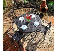 Lazy Susan Alice Round 4 Seater Cast Aluminium Garden Furniture Set, Maintenance Free, Weatherproof, Antique Bronze Finish, Matching April Chairs, Green Cushions