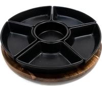 Lazy Susan Rotating, Revolving Dip Set Snack Bowl Serving Platter with 6 Ceramic Dishes Dips, Snacks & Appetisers | Snack Dishes with Turntable | M&W (Black)