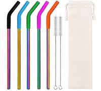 Lazycorner Reusable Stainless Steel Straws Metal Straw with Silicone Tip 5 Pcs 8mm Wide for 20/30/32oz Tumblers Smoothies and Shakes with 2 Cleaning Brushes,1 Portable Bag (Rainbow)