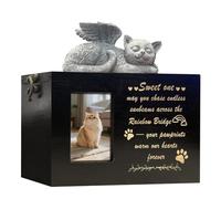 LAZYESTHER Cat Urn for Ashes Box with Picture Black Funeral Cremation Box Solid Wood Keepsake with Flannel Lining for Loss of Pet Remembrance Gift (Cat Urn-Black-Rainbow-Large)