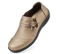LAZYPOP Classic Comfortable Women Leather Loafers Cute Slip On Casual Elegant Shoes Lightweight Hiking Shoes Flat Shoes Daily Work Shoes, gold, 5 UK