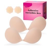 LAZYROSY Sticky Bra Push Up Backless Bras Strapless Stick on Bra Invisible Adhesive Bra with Nipple Covers for Women, Creme+creme, D