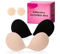 LAZYROSY Women Invisible Self Adhesive Push Up Strapless Bra with Nipple Covers, Cream and Black, C