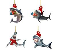 Lazyspace 4Pcs Merry Christmas Wooden Pendant Christmas Tree Shark Pendant for Christmas Party Window Table Decoration, Gifts for Christmas