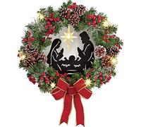 Lazyspace Christmas Wreath for Front Door Decorations,Christmas Decorations with Jesus Red Berry Pine Cone Nativity Scene LED Lights String Wreath Mixed Holiday Decorations