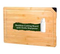 Lazzaro Chopping Board with Knife Sharperener - Premium Organic Bamboo Chopping Boards with Knife Sharpener Extra Large Size Professional Strength and Durability Drip Groove 4 Non Slip Corners