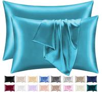 Lazzaro Satin Silk Pillowcases for Hair and Skin - Hypoallergenic Silk Pillow Cases 2 Pack with Envelope Closure - Ultrasoft Standard Size Teal Silk Pillowcases (50 x 75 cm)