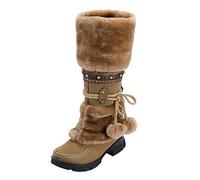 Lazzboy Boot Womens Snow Suede Faux Fur Pom Boho Ethnic Jewelry Flat Low Heel Mid-Calf Shoes with Warm Lining(5 UK,Brown)