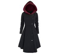 Lazzboy Coat Women Steampunk Costume Gothic Button Fleece Hooded Dress Long Outerwear UK 12-18 Oversized(2XL(14),Black)