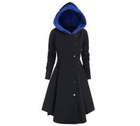 Lazzboy Coat Women Steampunk Costume Gothic Button Fleece Hooded Dress Long Outerwear UK 12-18 Oversized(XL(12),Black-Blue Hood)