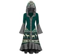 Lazzboy Dress Womens Hooded Flare Long Sleeve Solid Patchwork Elk Striped Ethnic Block Plaid Tops Casual Fishtail Tunic Slim Cardigan Christmas Costume Outfit (2XL(UK 16),Green)