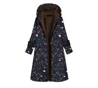 Lazzboy Long Jacket Women Coat Hoodie Fleece Lined Flowers Floral Print Casual Loose Zipper Pocket Ladies Hooded Cardigan Sherpa Parka (10,Navy)