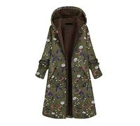 Lazzboy Long Jacket Women Coat Hoodie Fleece Lined Flowers Floral Print Casual Loose Zipper Pocket Ladies Hooded Cardigan Sherpa Parka (16,Green)
