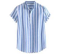 Lazzboy Men Shirt Top Plus Size Multicoloured Colour Print Plus Size Graffiti Short Sleeve Buttons Loose Blouse(M,Blue-Striped)
