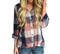Lazzboy Shirt Tops Womens Colourful Checked Tartan Long Sleeve Button Size 8-22 Oversized Ladies Loose Blouse Plus Size(XL(14),Peach)
