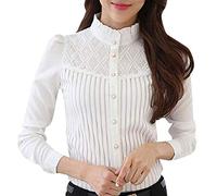 Lazzboy Shirt Tops Womens Lace Striped Ruffle Neck Long Sleeve Button Size 6-16 Work Ladies Elegant Blouse(4XL(16),Cream)