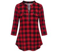 Lazzboy Shirt Womens Checkered Plaid Tartan Long Sleeve Half-Zip Tops Size 6-20 Oversized Ladies Loose Blouse Plus Size(Red 2022 8)
