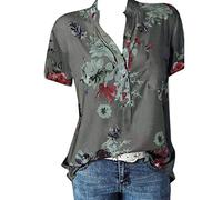 Lazzboy T-Shirt Top Women Cold Shoulder Floral V-Neck Button Plus Size Ladies Loose Blouse Oversized(2XL(16),Grey-Polo)