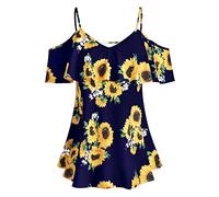 Lazzboy Top Women Tank Tops Short Sleeve Floral Print Vest Straps T-Shirt Ladies Slouch Blouse(XL(14),Navy-Sunflower)