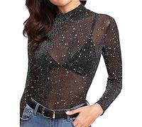 Lazzboy Tops Shirt Womens Mesh Glitter Sparkly Stars Sequin See-Through Transparent Size 8-16 Sexy Ladies Party Blouse(L(10),Black)