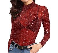 Lazzboy Tops Shirt Womens Mesh Glitter Sparkly Stars Sequin See-Through Transparent Size 8-16 Sexy Ladies Party Blouse(M(8),Red)