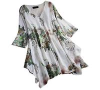 Lazzboy Tops T Shirt Women Boho Ethnic Long/Short Sleeve Oversized Plus Size Ladies Hippie Swing Tunic Blouse(24,White-Flower Ⅳ)
