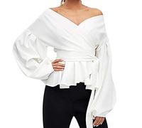Lazzboy Tops Womens Long Lantern Sleeve Off Shoulder Satin Size Deep V Neck Tie Waist Sexy Ladies Party Shirt Blouse(2XL(16),White)