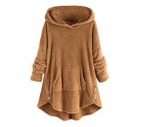 Lazzboy Tops Womens Pullover Hooded Teddy Fleece Flannel Solid Casual Loose Irregular Hem Pajamas Shirt Jumper Sweatshirt Plus Size Blouse Coat (UK 20,Yellow)