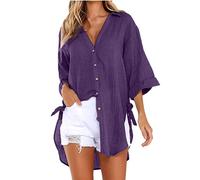 Lazzboy Women 3/4 Sleeve Shirt Plus Size Deep V Neck Peasant Top Solid Casual Loose Cotton Linen Strappy Ladies Slouch Blouse (Dark Purple, 10)