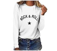 Lazzboy Women Blouse Tops Long Sleeve Casual Solid Letters Slogan Star Print Fit Sweatshirt Pullover Jumper Shirt (M(8),White -Rock & roll)