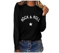 Lazzboy Women Blouse Tops Long Sleeve Casual Solid Letters Slogan Star Print Fit Sweatshirt Pullover Jumper Shirt (L(10),Black -Rock & roll)