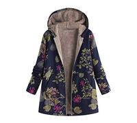 Lazzboy Women Coat Jacket Ethnic Boho Print Warm Flannel Inner Cotton Padded Hooded Loose Outerwear,Oversized Plus Size,UK 12-24 (10,Navy)