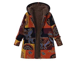 Lazzboy Women Coat Jacket Parka Ethnic Boho Print Vintage Warm Flannel Lining Hooded UK 10-20 Oversized Plus Size(4XL(18),Yellow)