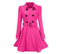 Lazzboy Women Coat Parka Double Breasted Woolen Belt Trench Elegant Button Lapel Plain Outerwear(L,Pink)