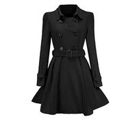Lazzboy Women Coat Parka Double Breasted Woolen Belt Trench Elegant Button Lapel Plain Outerwear(S,Black)