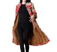 Lazzboy Women Coats Parka Ethnic Boho Vintage Oriental Print Winter Ladies Button Cotton Padded Warm Long Jacket UK 6-18 Oversized Plus Size(XL(10),Red-Flower 3)