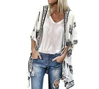 Lazzboy Women Cover-up Kimono Boho Ethnic Floral Leaves Printed Sunscreen Half Sleeve Sheer Chiffon Plus Size Oversized(2XL(18),White)