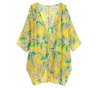 Lazzboy Women Cover-up Smock Kimono Chiffon Leaves Print Beach Flowy Ladies Tunic Swimwear Shrug(2XL(16),Yellow)