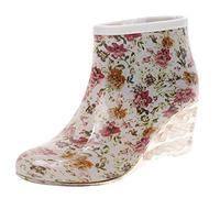 Lazzboy Women Galoshes Wellies Waterproof Rubber Rain Boots Dot Leopard Flower Wedges Mid Heel Ankle/Mid-Calf Boot(6 UK,Beige-Flower Ankle)