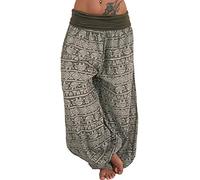 Lazzboy Women Harem Yoga Relaxed Trousers Plus Size Ethnic Boho Floral Elephant Ink Dot Print Pants Ladies Trouser(XL(12),Khaki-Elephants)