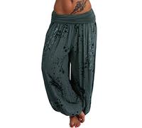 Lazzboy Women Harem Yoga Relaxed Trousers Plus Size Ethnic Boho Floral Elephant Ink Dot Print Pants Ladies Trouser(4XL(18),Army Green-Splashed Ink)