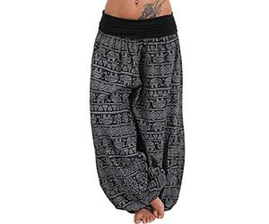 Lazzboy Women Harem Yoga Relaxed Trousers Plus Size Ethnic Boho Floral Elephant Ink Dot Print Pants Ladies Trouser(4XL(18),Black-Elephants)
