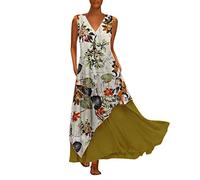 Lazzboy Women Maxi Dresses Ethnic Print Plus Size Sleeveless V-Neck Flowy Hem Boho Ladies Long Dress Oversized(5XL(22)，White&Orange-Leaves Layered Hem Ⅱ)
