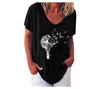Lazzboy Women Short Sleeve Top Dandelion Print V Neck Casual Loose Slouchy Ladies T Shirt Blouse Size 6-20 (14,Black)