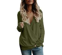 Lazzboy Women Sweater Sweatshirt Knitted Long Sleeve Deep V-Neck Wrap Front Plain Pullover Jumper Blouse(Blue,L)
