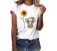 Lazzboy Women T-Shirt Top Plus Size Many Stylish Sunflower Print Short Sleeve Summer Fashion Ladies Blouse(XL(14),White-Elephant)