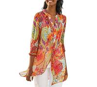 Lazzboy Women T-Shirt Tops Plus Size Chiffon Ethnic Floral Flower Print Beach Style Vintage Daily Ladies Loose Blouse(XL(14),Orange)