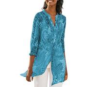 Lazzboy Women T-Shirt Tops Plus Size Chiffon Ethnic Floral Flower Print Beach Style Vintage Daily Ladies Loose Blouse(2XL(16),Blue)