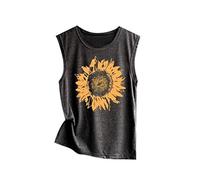 Lazzboy Women Tank Top Print Sleeveless Round Neck Vest Camis Size 8-16 Loose Ladies Blouse Shirt(2XL(16),Dark Grey-Sunflower)